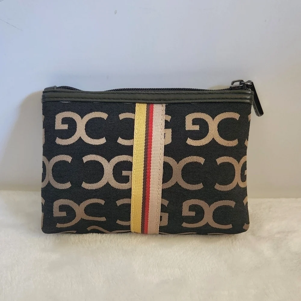 Modella Black Olive Green Logo Striped Cosmetic Bag Pouch